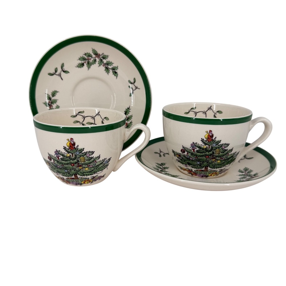 Spode England Christmas Tree Tea Cup and Saucer Set of 2 White Green